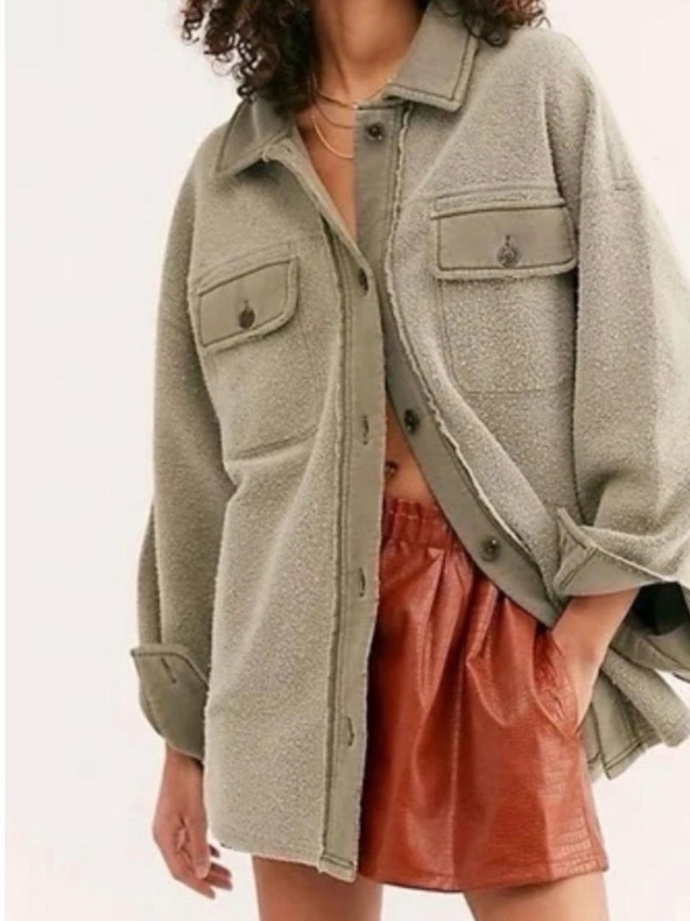 Free People Olive Green Teddy Sherpa Shacket